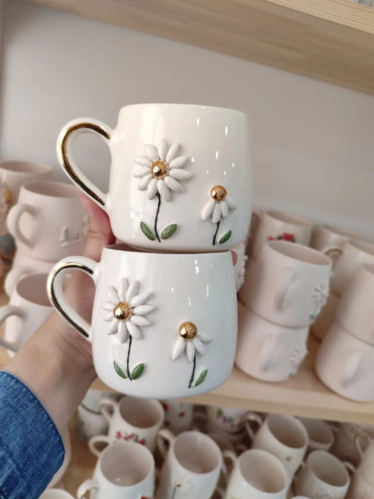 Handmade Floral Coffee Mugs With Gold Handle 10 oz – Enjoy Ceramic Art