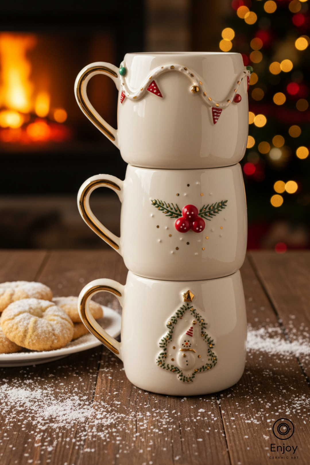 Stack of decorative mugs with Christmas designs on a wooden table in front of a fireplace.