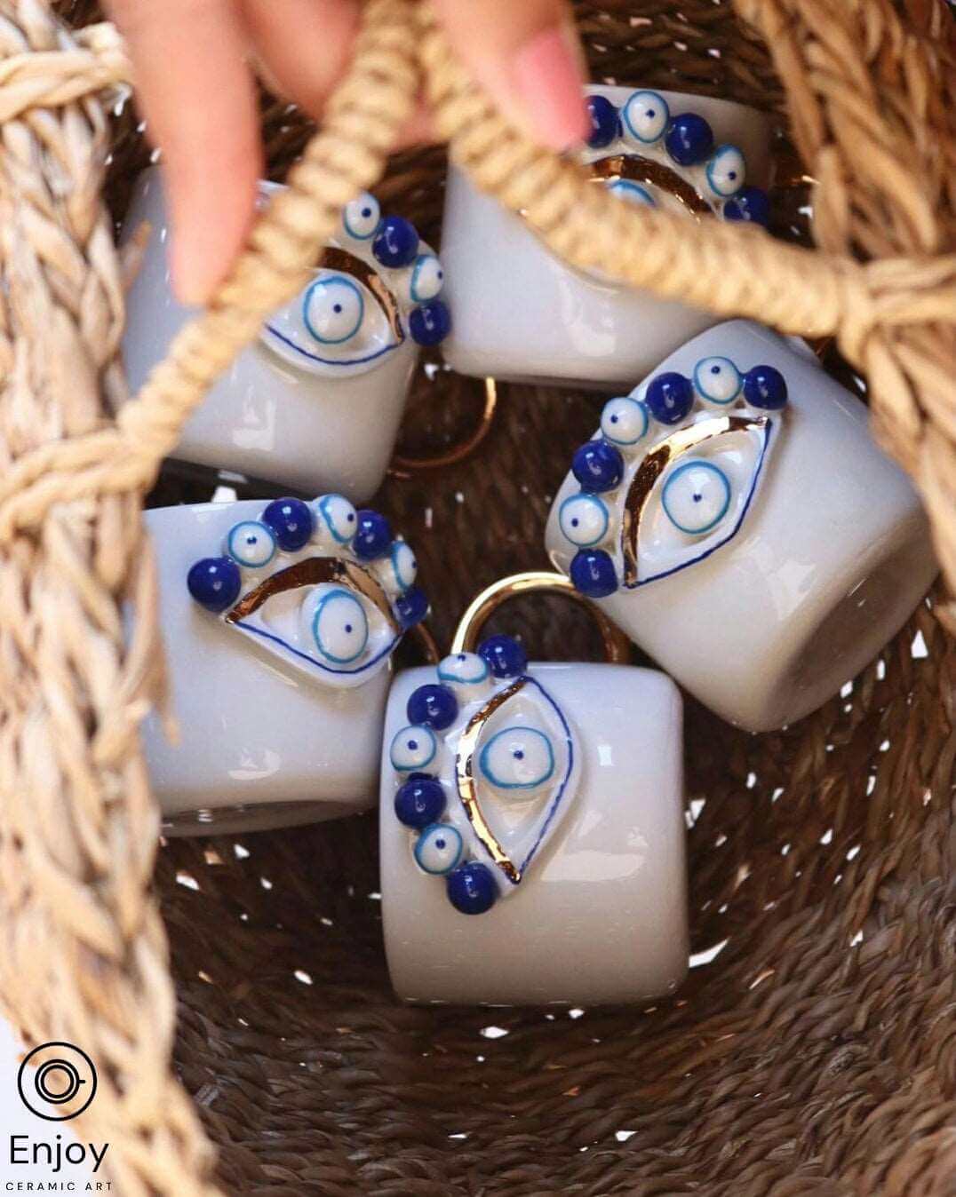 Evil Eye Coffee Mug - Artisanal, Handmade 10oz Ceramic Coffee Cup with Gold Handle, Evil Eye Protection Symbol