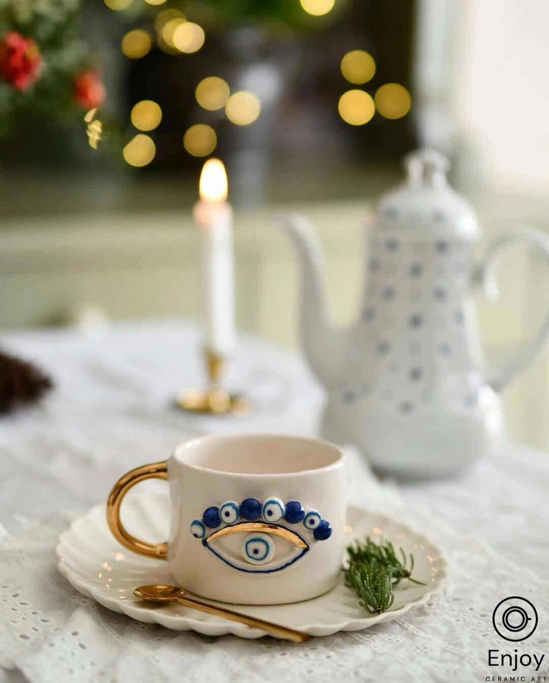 Evil Eye Coffee Mug - Artisanal, Handmade 10oz Ceramic Coffee Cup with Gold Handle, Evil Eye Protection Symbol