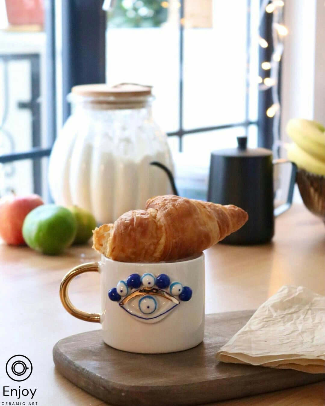 Evil Eye Coffee Mug - Artisanal, Handmade 10oz Ceramic Coffee Cup with Gold Handle, Evil Eye Protection Symbol