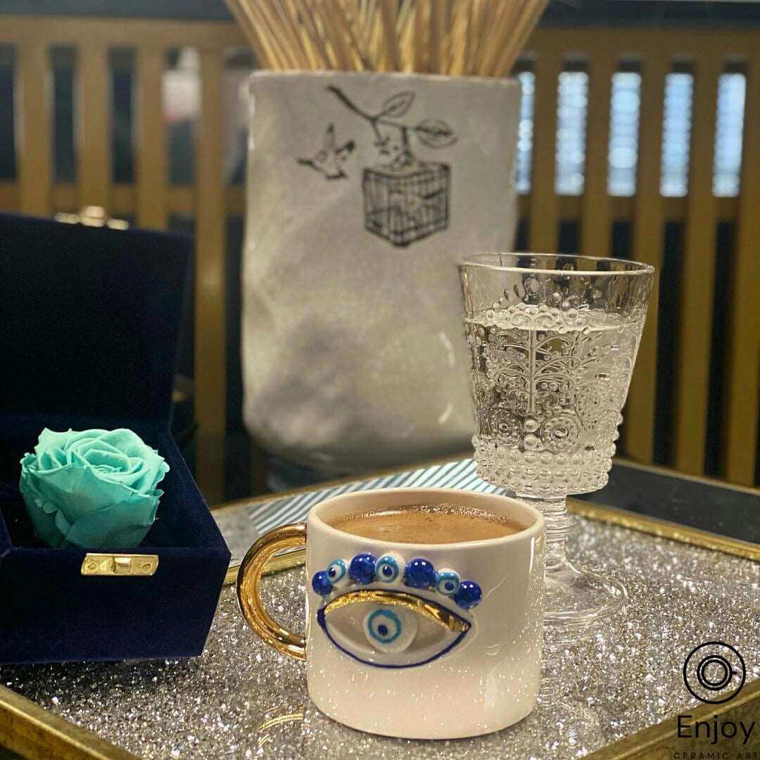Evil Eye Coffee Mug - Artisanal, Handmade 10oz Ceramic Coffee Cup with Gold Handle, Evil Eye Protection Symbol