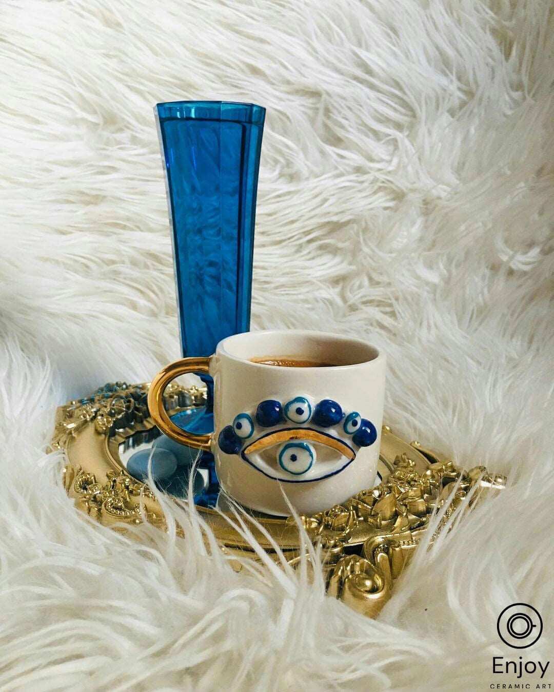 Evil Eye Coffee Mug - Artisanal, Handmade 10oz Ceramic Coffee Cup with Gold Handle, Evil Eye Protection Symbol