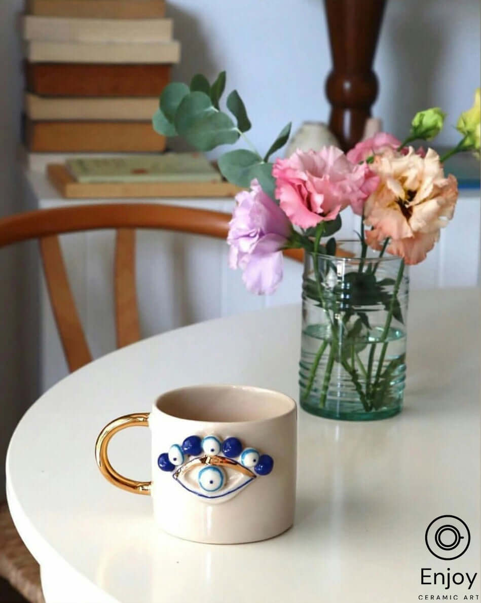 Evil Eye Coffee Mug - Artisanal, Handmade 10oz Ceramic Coffee Cup with Gold Handle, Evil Eye Protection Symbol