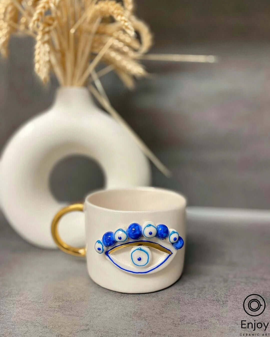 Evil Eye Coffee Mug - Artisanal, Handmade 10oz Ceramic Coffee Cup with Gold Handle, Evil Eye Protection Symbol