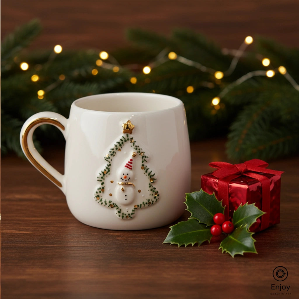 Festive Snowman Christmas Mug - Gold Handle & Tree Frame