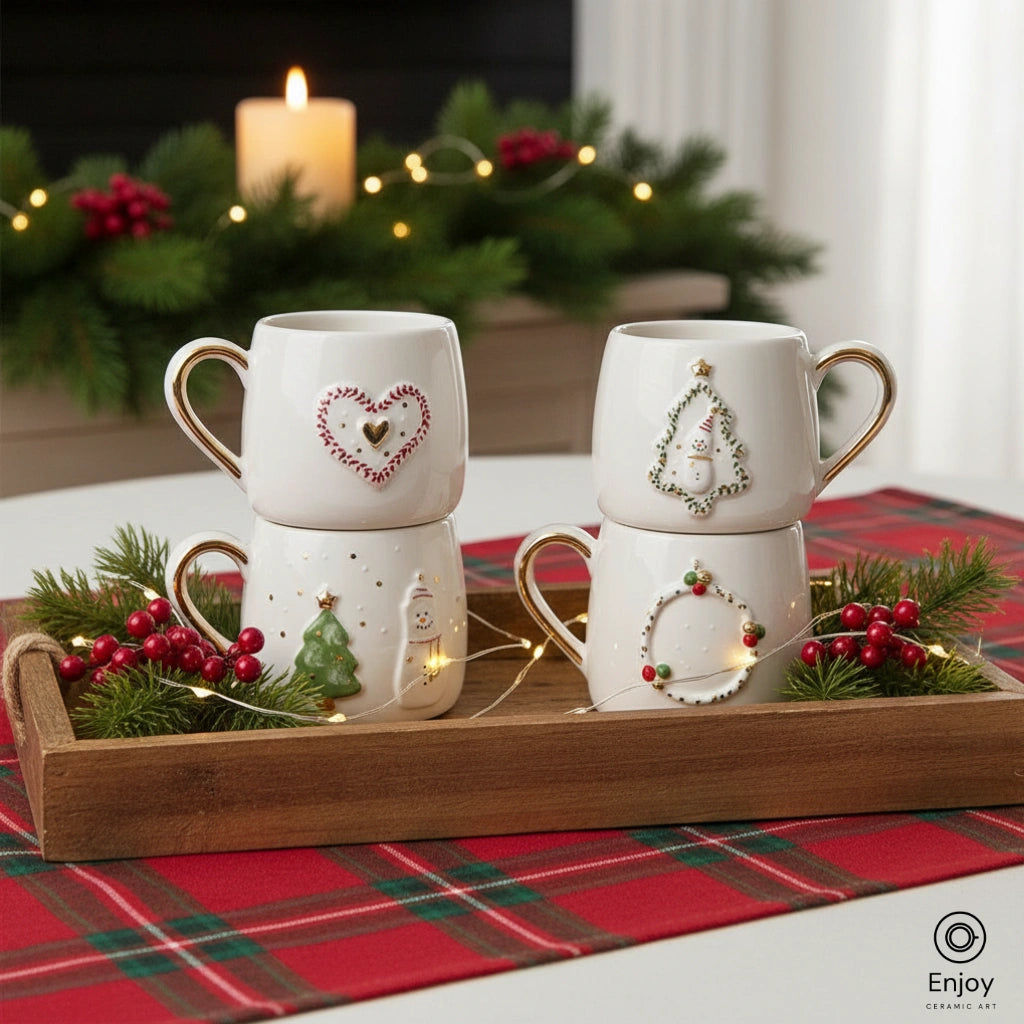 Handmade 4-Piece Christmas Mug Set – Heart, Tree, Wreath & Snowman Designs with Gold Accents (10oz)