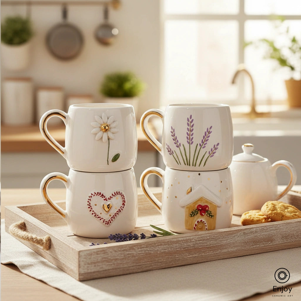 Handmade Ceramic Mug Set (4-Piece, 10oz) – Daisy, Lavender, Heart & Cottage Designs
