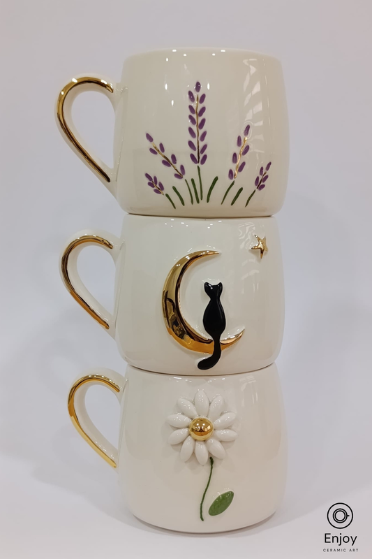 Handmade Ceramic Mug Set of 3 – Lavender, Moon Cat & Daisy (10oz)