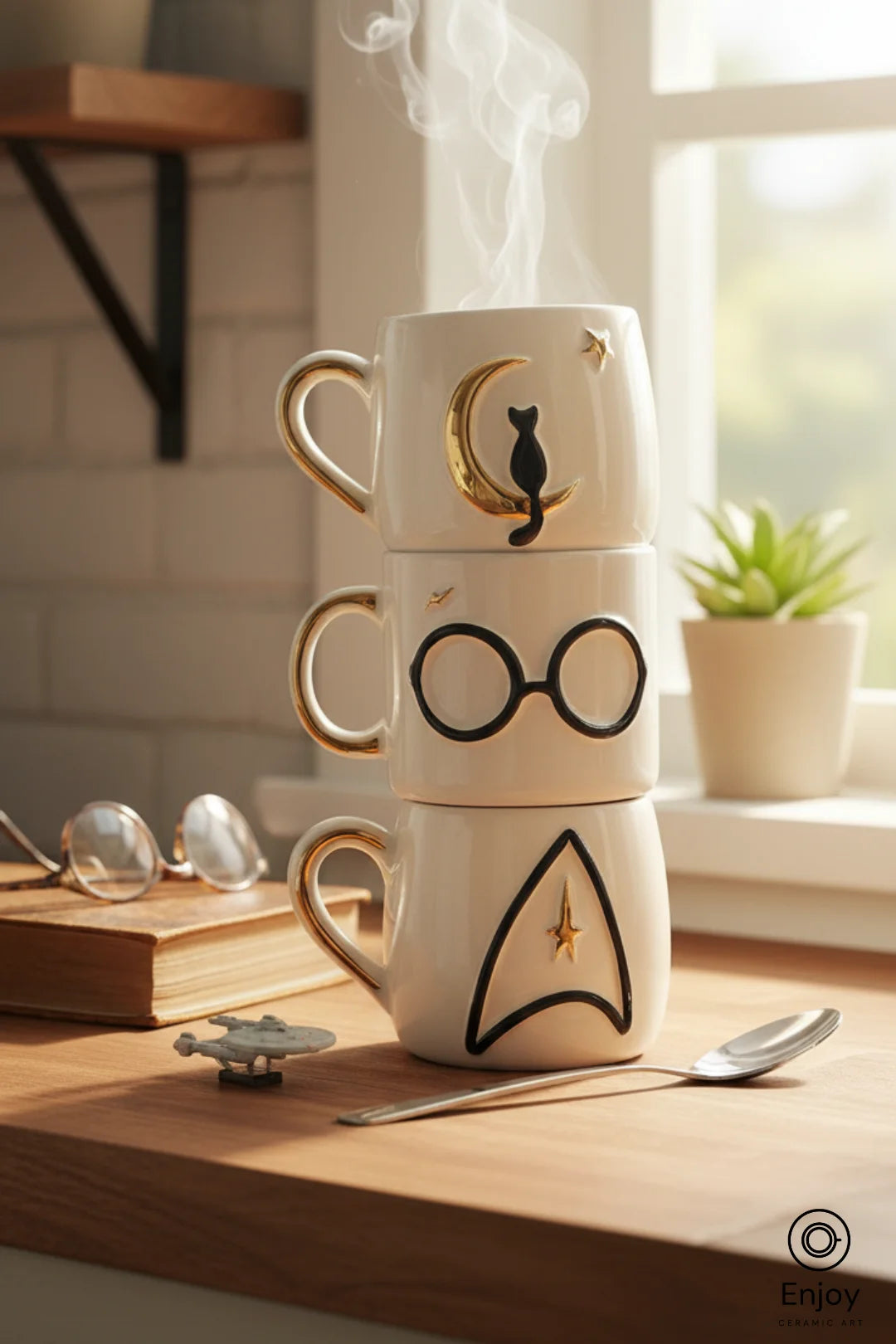 Handmade Ceramic Mug Set of 3 – Wizard, Space & Moon Cat Designs (10oz)