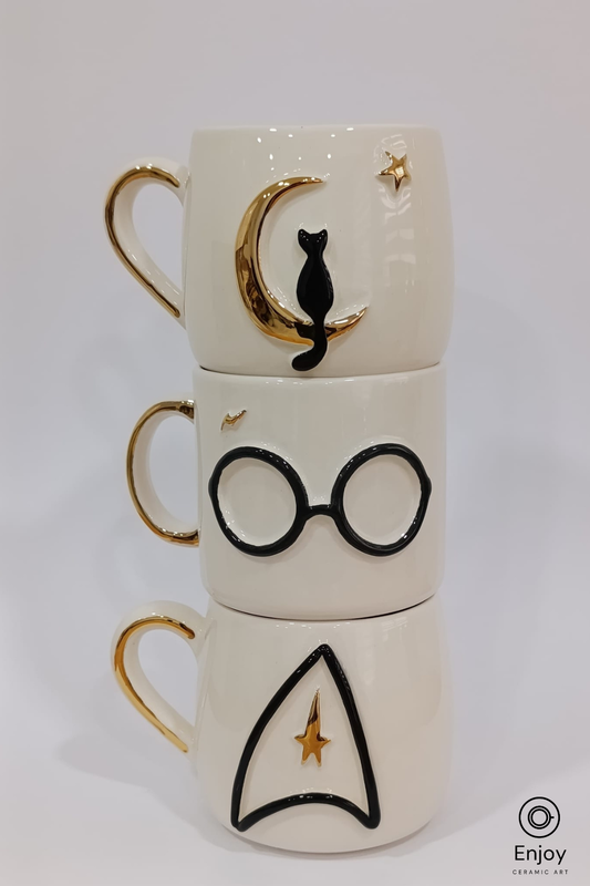 Handmade Ceramic Mug Set of 3 – Wizard, Space & Moon Cat Designs (10oz)