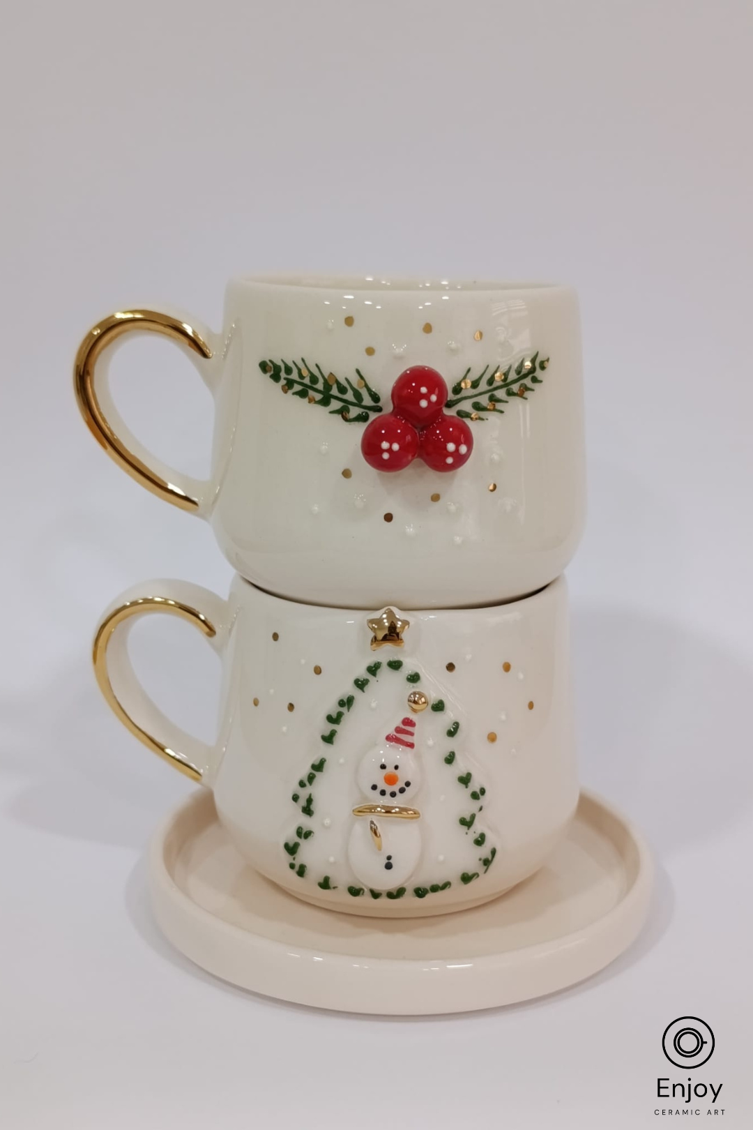 Handmade Christmas Espresso Cup Set of 2 – Snowman Tree & Winterberry Designs (5.4oz)