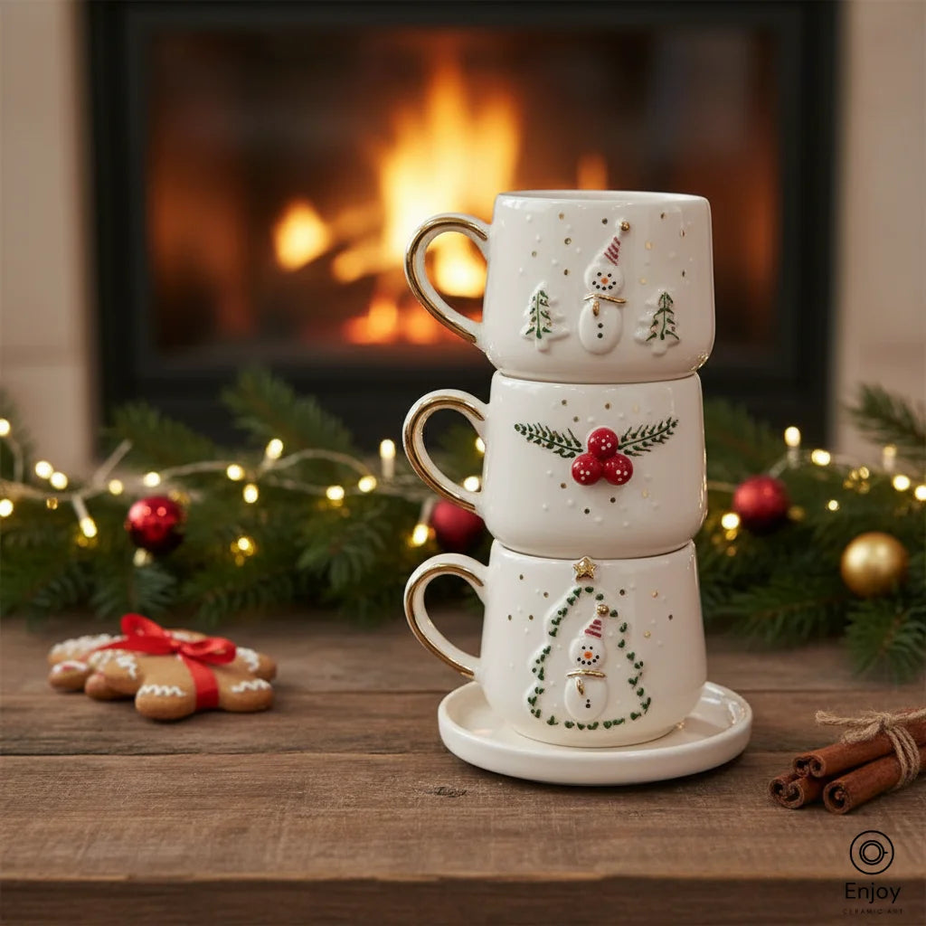 Handmade Christmas Espresso Cup Set of 3 with Saucers – Ceramic Holiday Collection