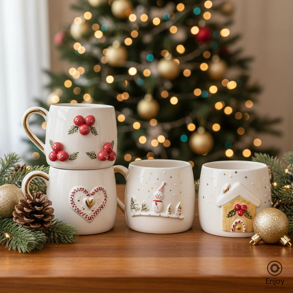 Handmade Christmas Mug Set (4-Piece, 10oz) – Berries, Snowman, Heart, and Gingerbread House Holiday Mugs