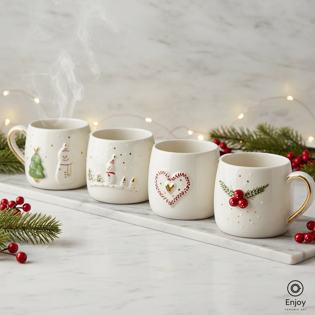 Handmade Christmas Mug Set – Festive 3D Snowman, Heart, Tree & Winter Designs (Set of 4, 10oz)