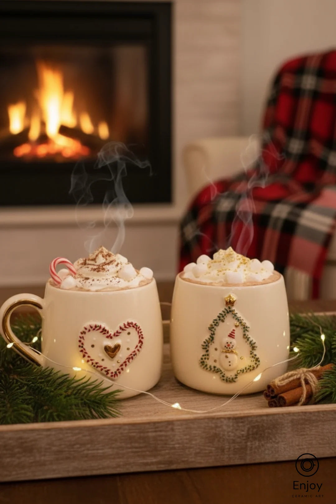 Handmade Christmas Mug Set – Snowman & Heart Design Ceramic Mugs (Set of 2)
