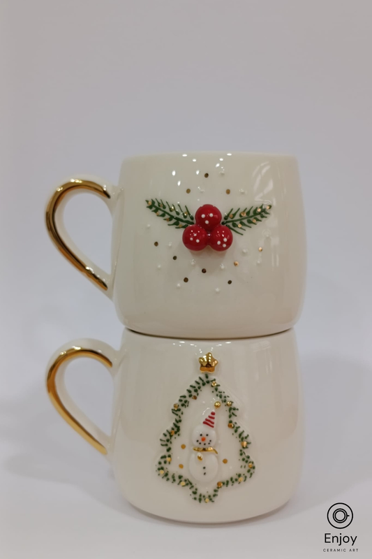 Handmade Christmas Mug Set of 2 – Snowman Tree & Winterberry Designs (10oz)