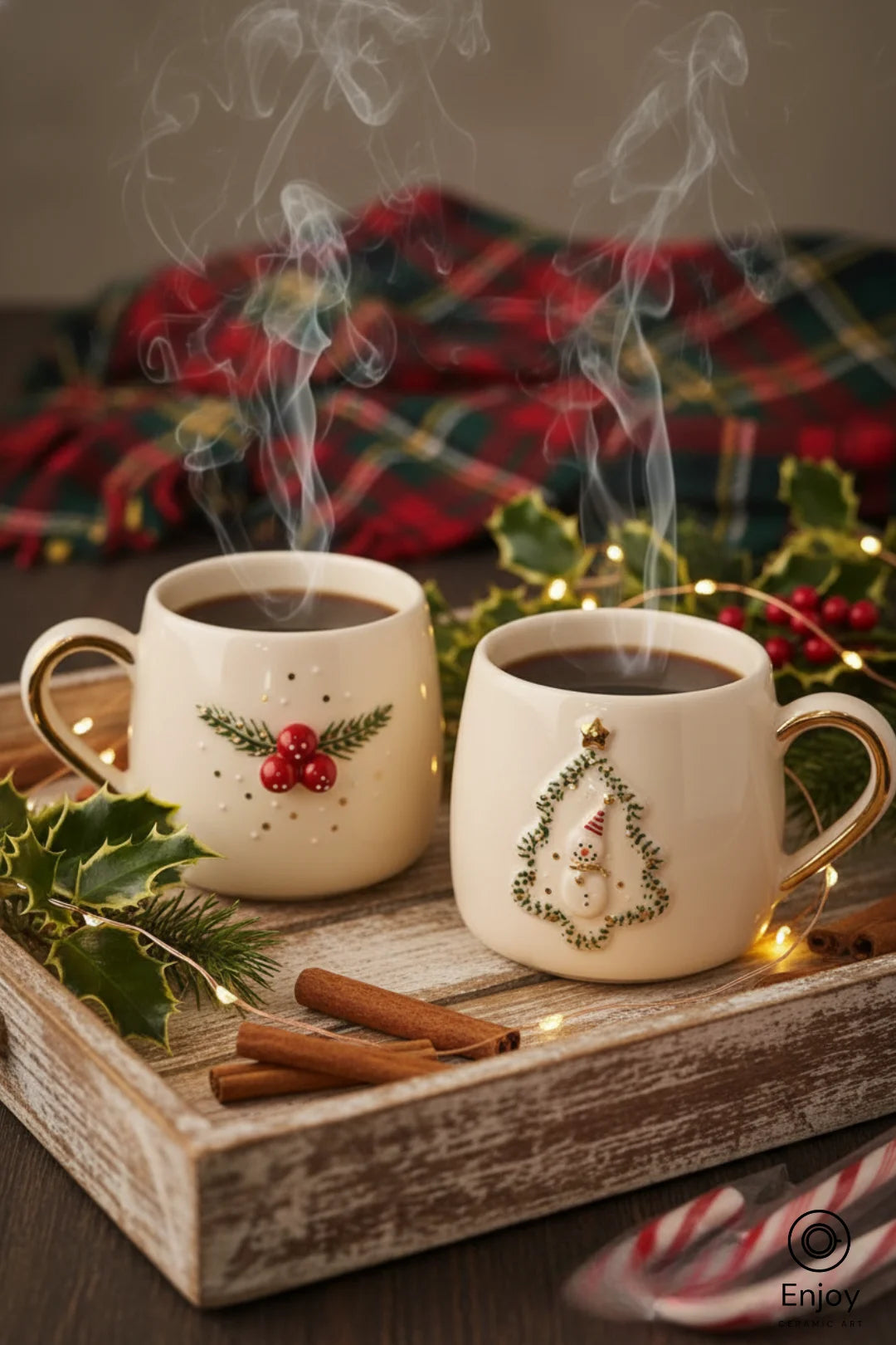 Handmade Christmas Mug Set of 2 – Snowman Tree & Winterberry Designs (10oz)