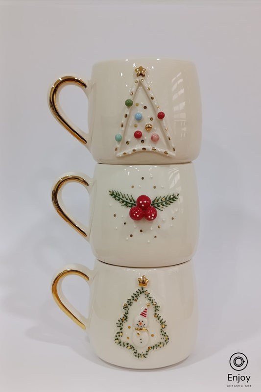 Handmade Christmas Mug Set of 3 – Holiday Tree, Winterberry & Snowman Designs (10oz)