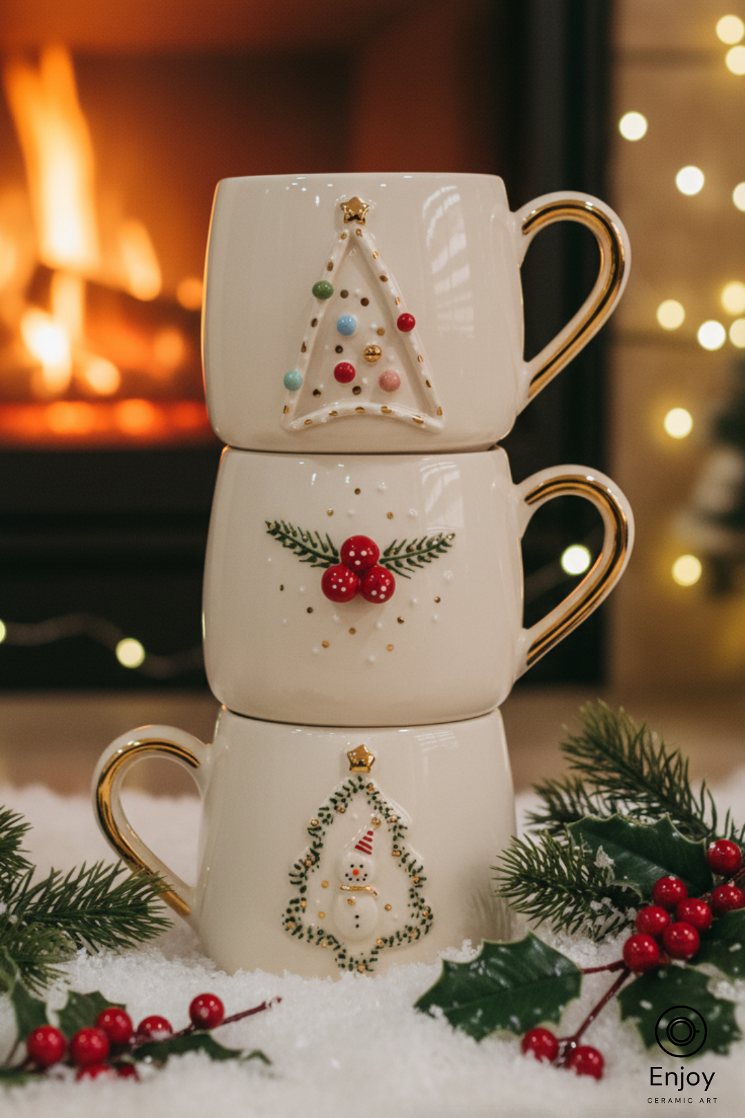 Stack of three ceramic mugs with Christmas designs in front of a fireplace.