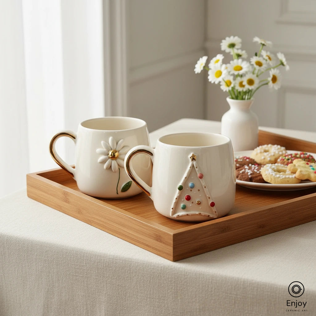 Handmade Daisy & Christmas Tree Mug Set – 10oz Ceramic Mugs with 3D Designs & Gold Accents