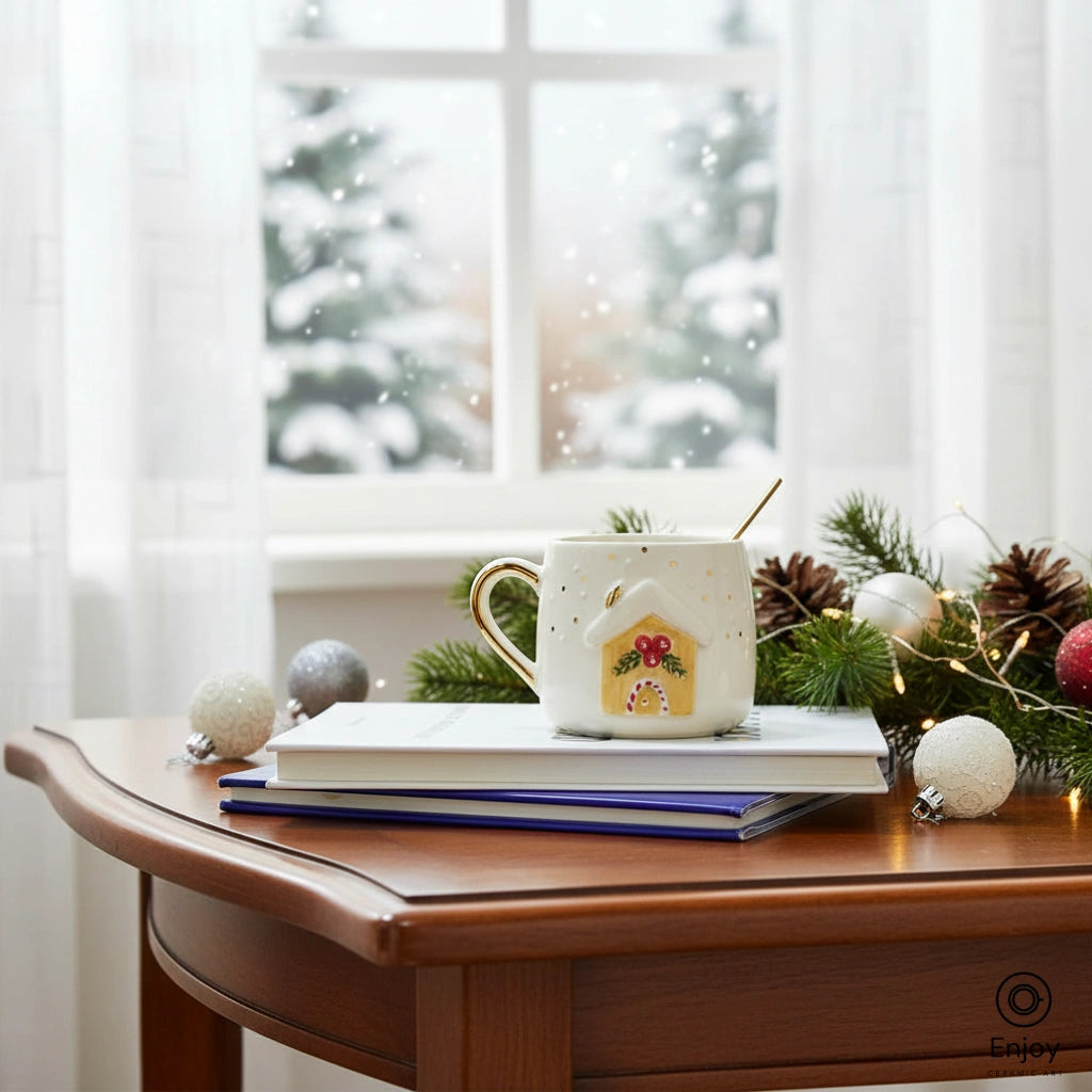 手作りジンジャーブレッドハウス クリスマスマグ - 10オンス ゴールドハンドル付き