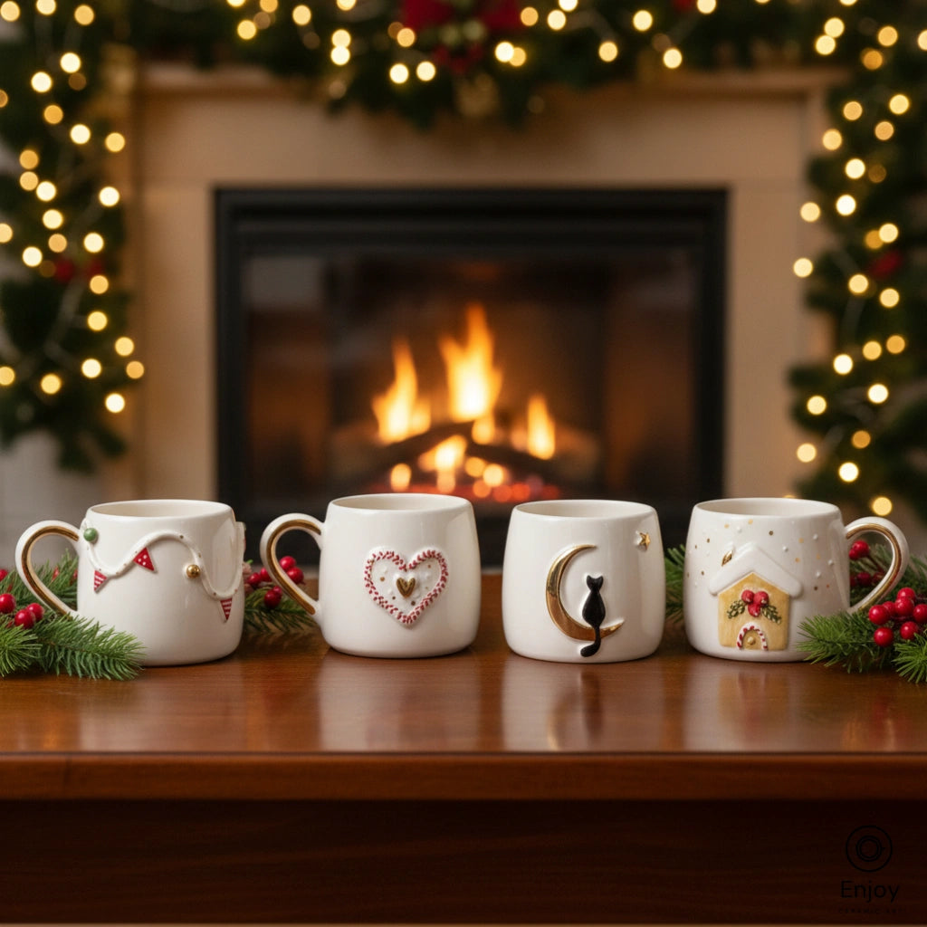 Handmade Holiday Mug Set (4-Piece, 10oz) – Festive Lights, Heart, Cat on Moon & Gingerbread House Mugs with Gold Accents