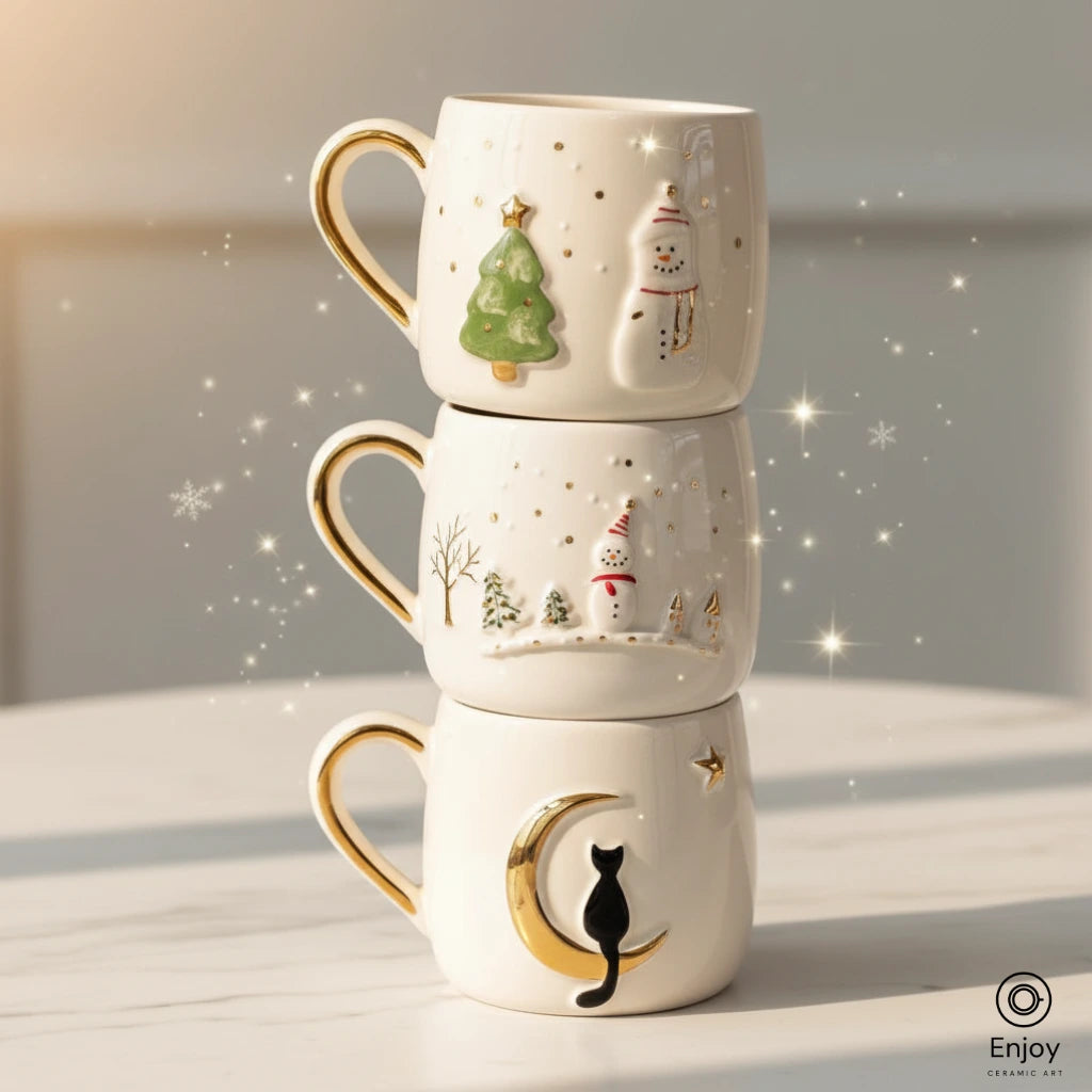 Handmade Holiday Mug Set – Christmas Tree, Snowman & Moon Cat (10oz, Set of 3)
