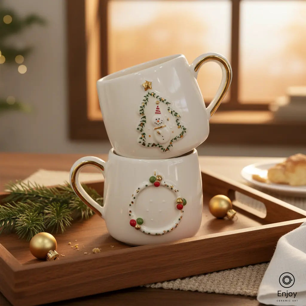 Handmade Holiday Mug Set – Snowman Tree & Christmas Wreath Designs (10oz, Set of 2)