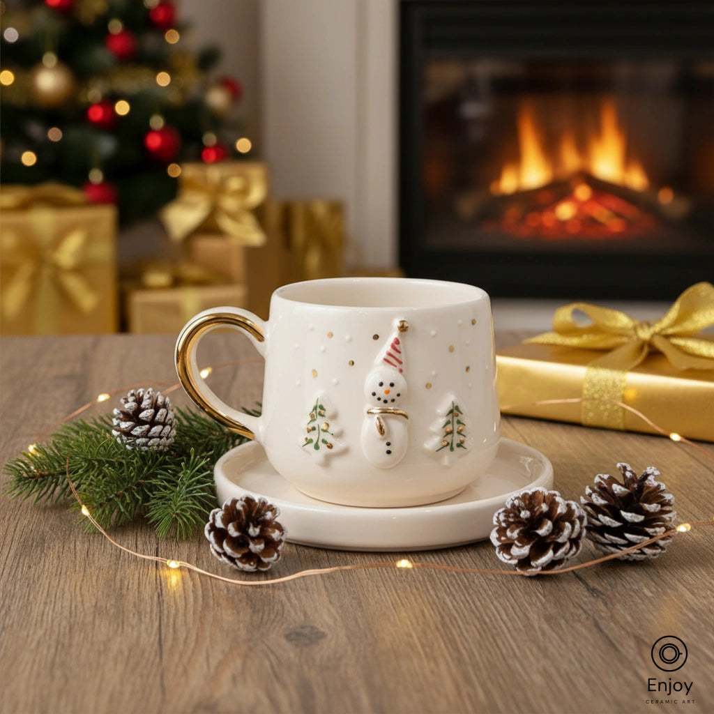 Handmade Snowman Espresso Cup with Saucer – 5.4oz Ceramic Christmas Cup