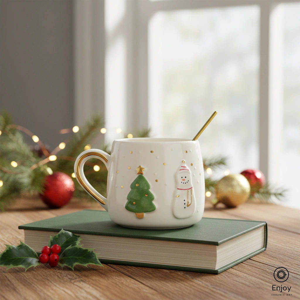 手作り雪だるまとクリスマスツリーの陶器マグカップ - ゴールド 手作り雪だるまとクリスマスツリーの陶器マグカップ - ゴールド