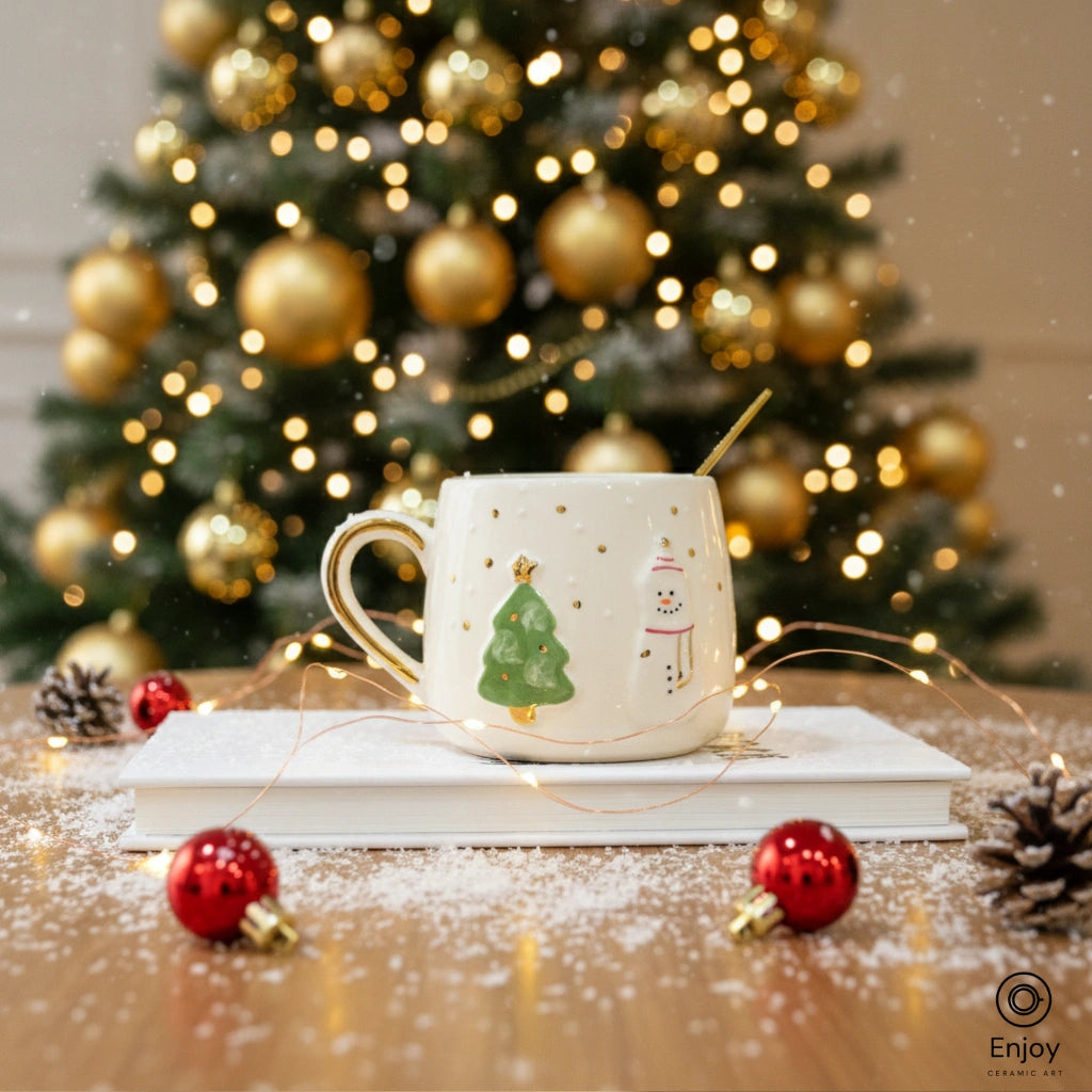 Handmade Snowman & Christmas Tree Ceramic Mug - Gold Handle