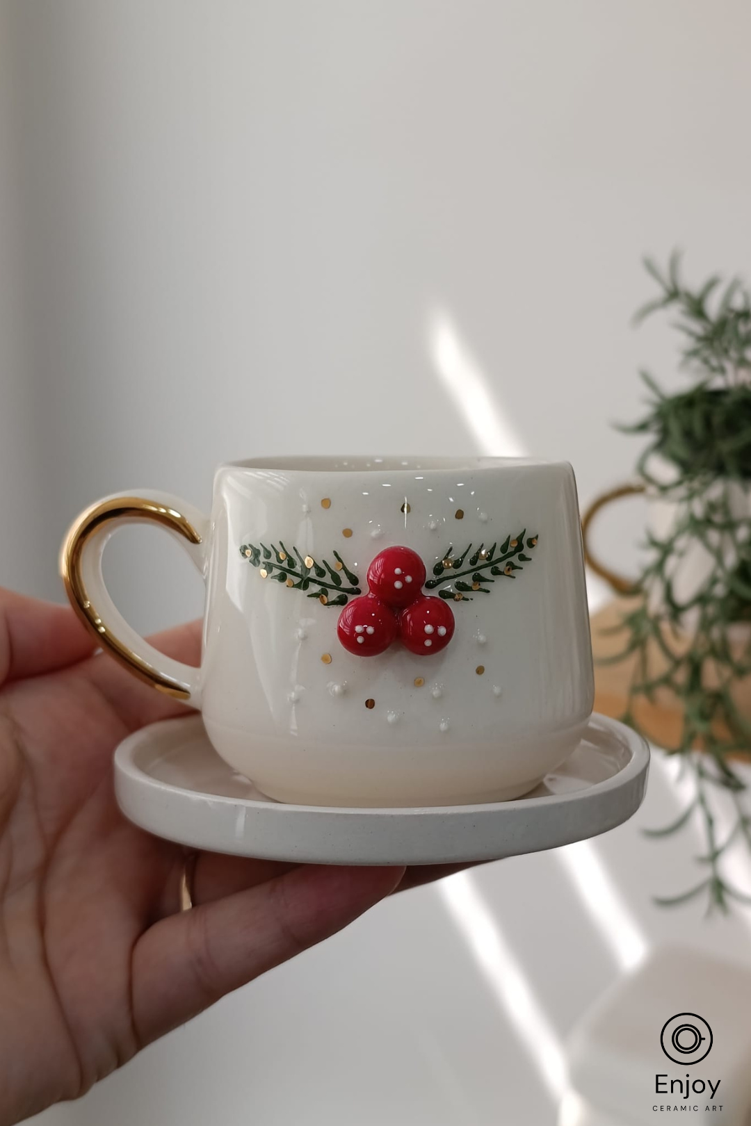 Handmade Holly Berry Espresso Cup with Gold Handle and Saucer – 5.4 oz
