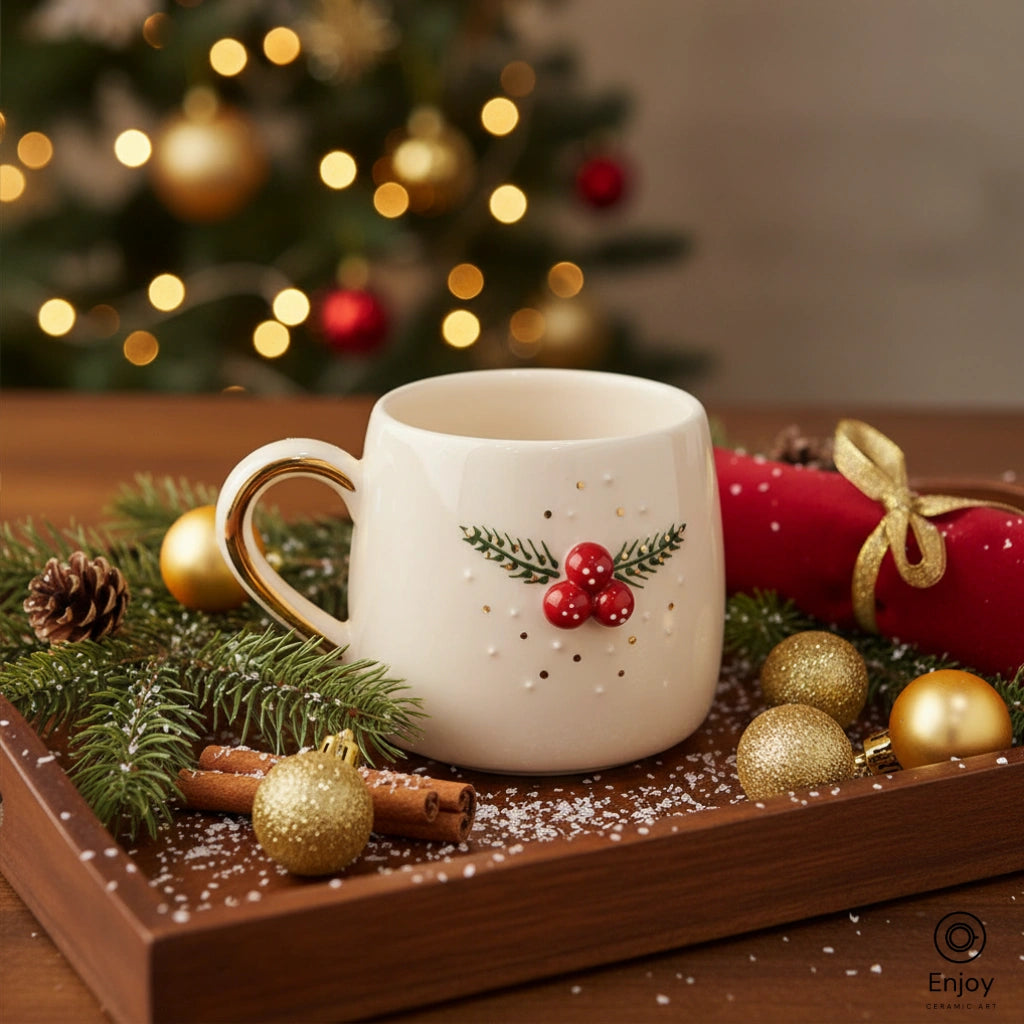 White mug with Christmas design on a wooden tray with festive decorations and a blurred Christmas tree in the background.