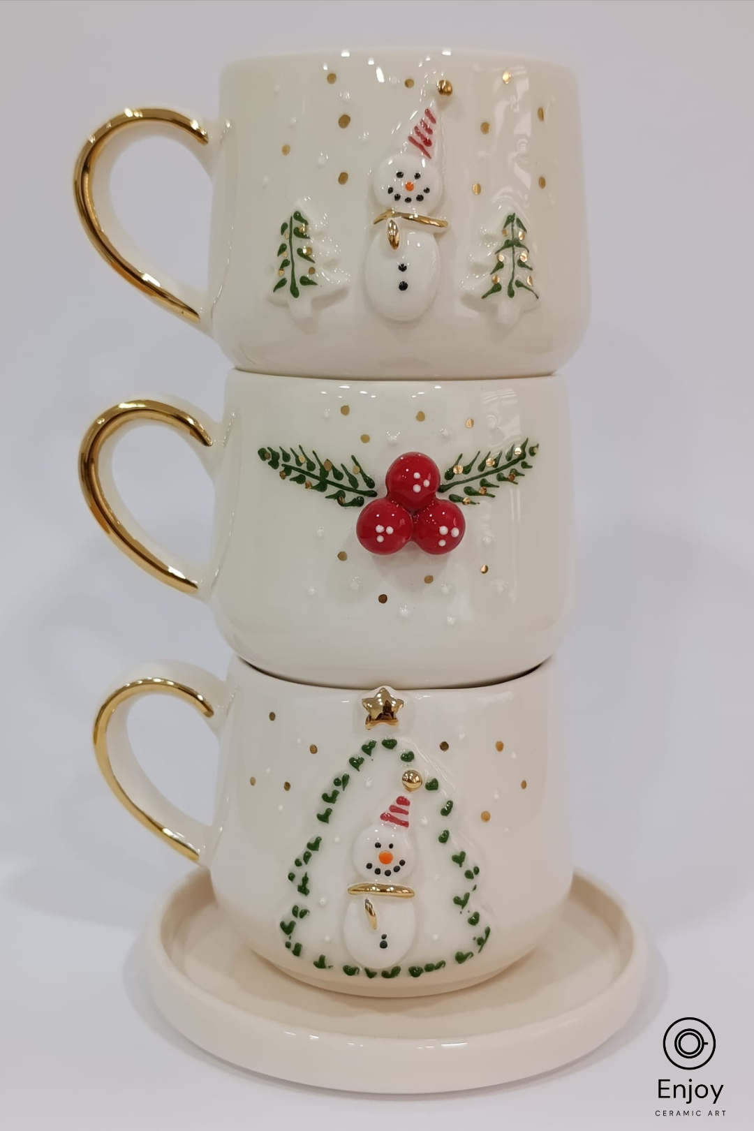 Handmade Christmas Espresso Cup Set of 3 with Saucers – Ceramic Holiday Collection