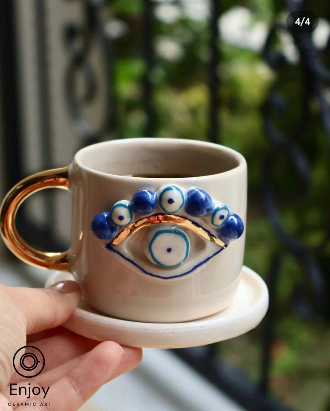 Evil Eye Protection: Handmade Ceramic Espresso Cup & Saucer Set, 5.4 oz - Turkish Evil Eye Espresso Cups, Starbucks Inspired Coffee Mug with Gold Handle