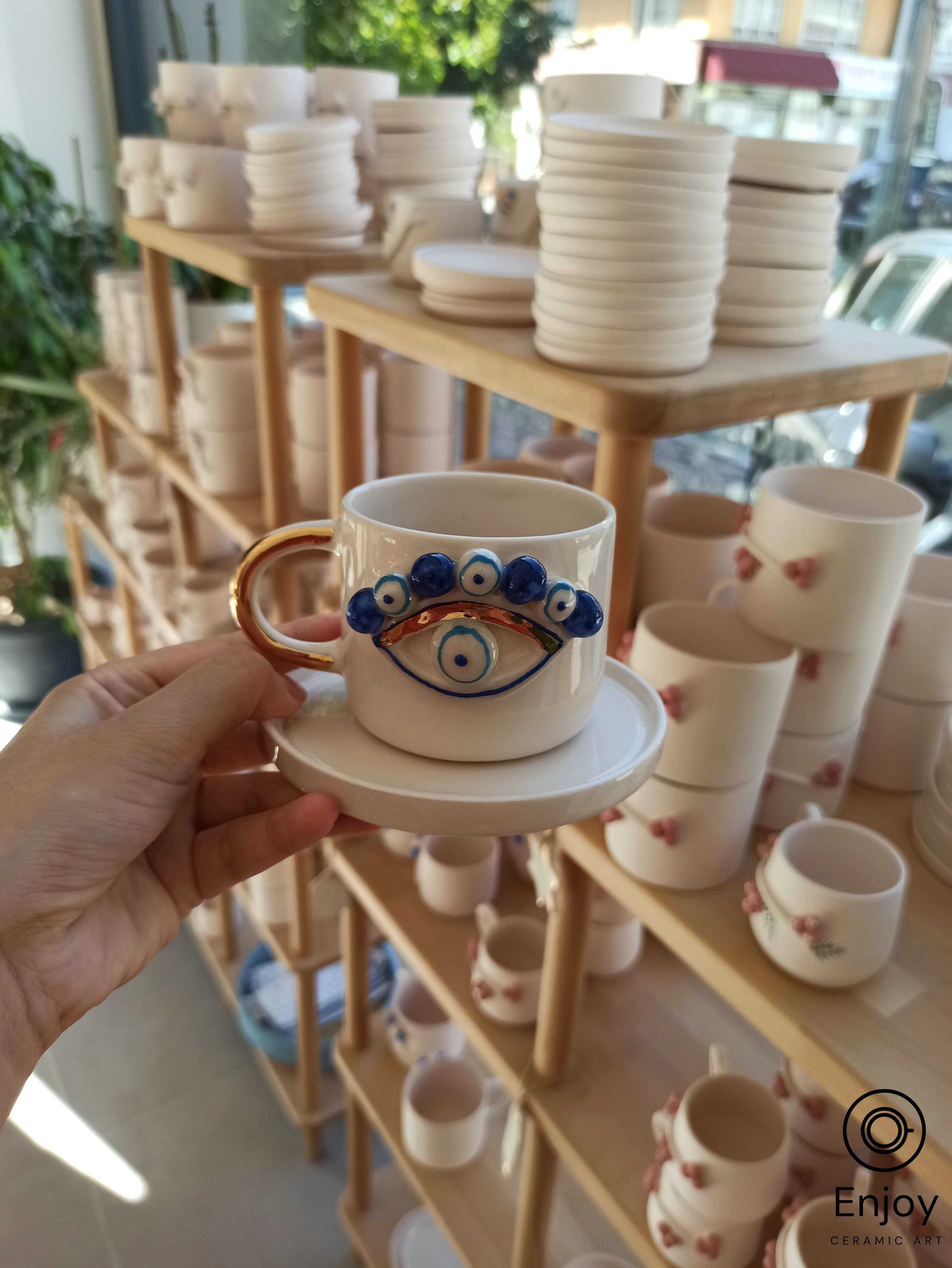 Evil Eye Protection: Handmade Ceramic Espresso Cup & Saucer Set, 5.4 oz - Turkish Evil Eye Espresso Cups, Starbucks Inspired Coffee Mug with Gold Handle