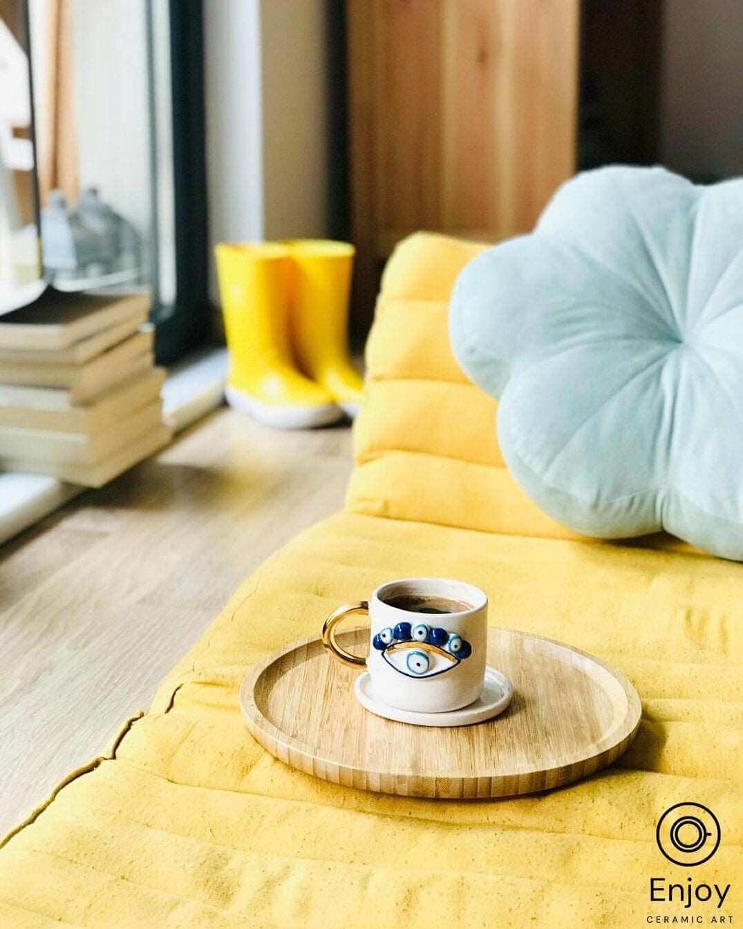 Evil Eye Protection: Handmade Ceramic Espresso Cup & Saucer Set, 5.4 oz - Turkish Evil Eye Espresso Cups, Starbucks Inspired Coffee Mug with Gold Handle