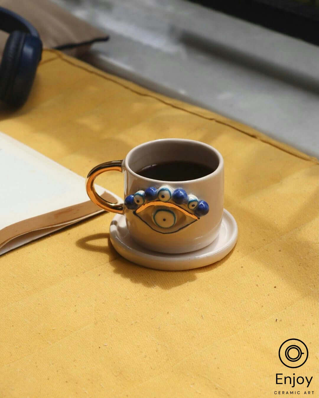 Evil Eye Protection: Handmade Ceramic Espresso Cup & Saucer Set, 5.4 oz - Turkish Evil Eye Espresso Cups, Starbucks Inspired Coffee Mug with Gold Handle