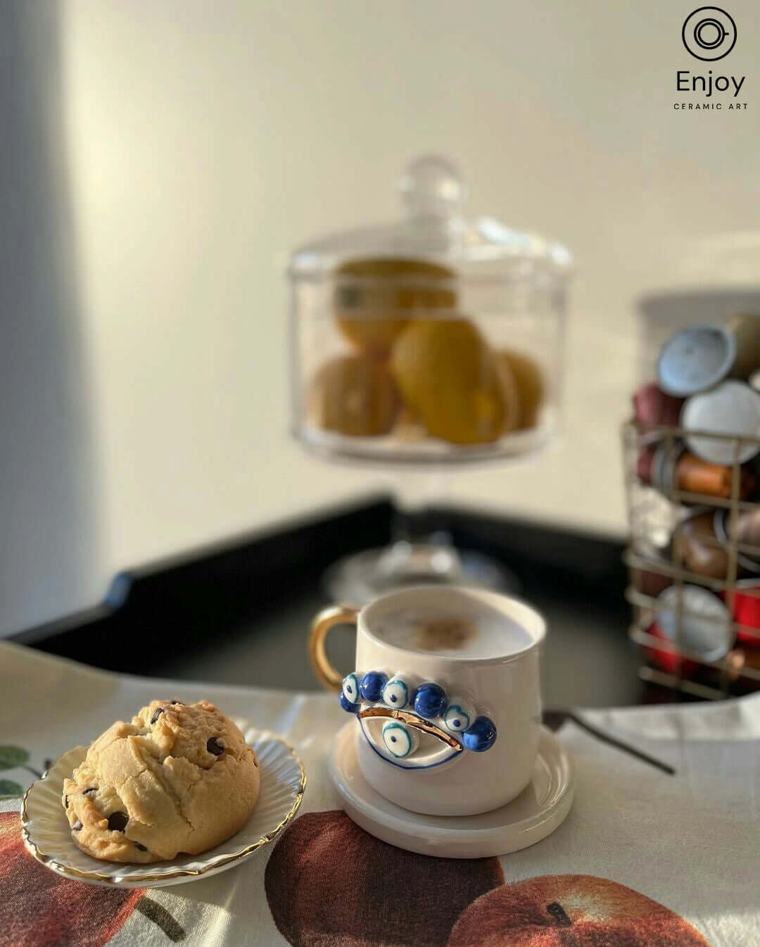 Evil Eye Protection: Handmade Ceramic Espresso Cup & Saucer Set, 5.4 oz - Turkish Evil Eye Espresso Cups, Starbucks Inspired Coffee Mug with Gold Handle