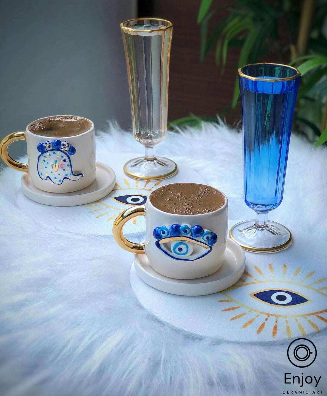 Evil Eye Protection: Handmade Ceramic Espresso Cup & Saucer Set, 5.4 oz - Turkish Evil Eye Espresso Cups, Starbucks Inspired Coffee Mug with Gold Handle