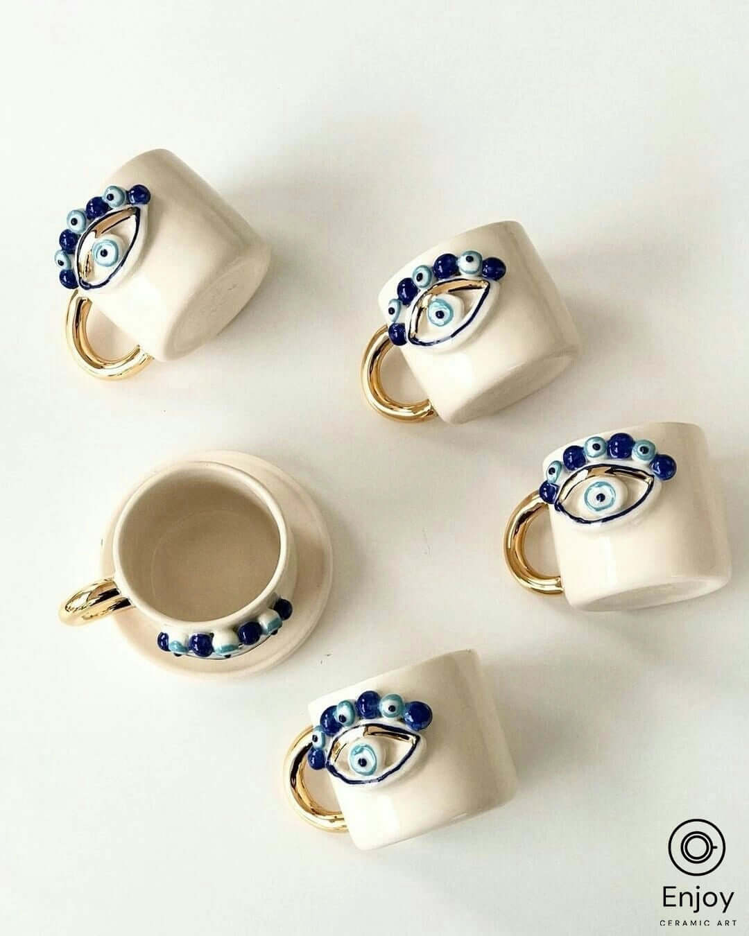Evil Eye Protection: Handmade Ceramic Espresso Cup & Saucer Set, 5.4 oz - Turkish Evil Eye Espresso Cups, Starbucks Inspired Coffee Mug with Gold Handle