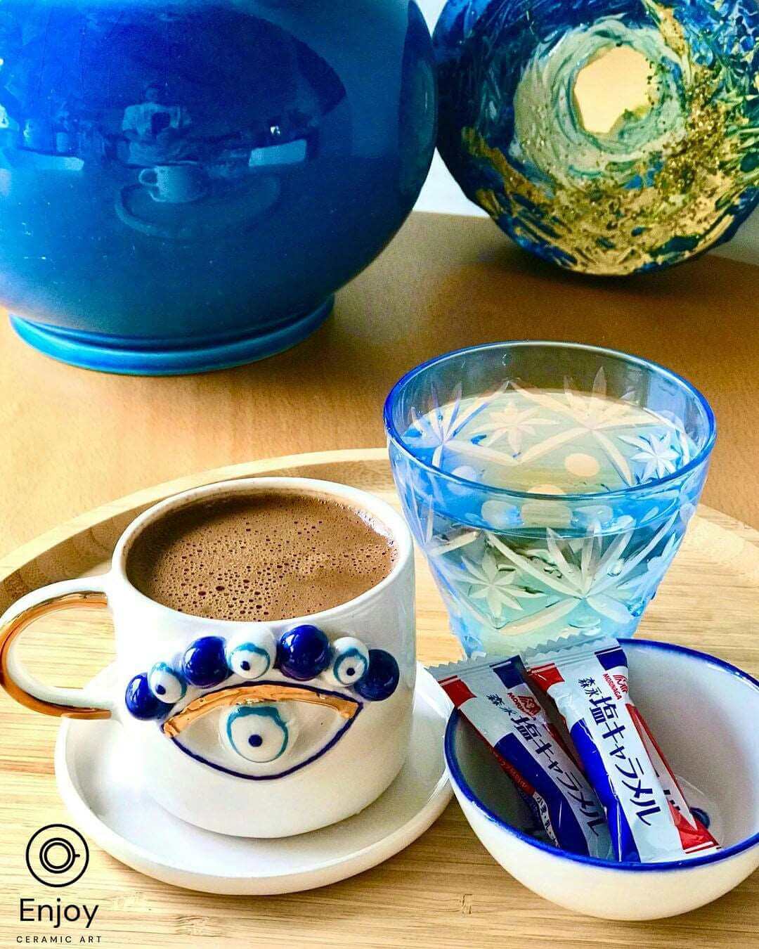 Evil Eye Protection: Handmade Ceramic Espresso Cup & Saucer Set, 5.4 oz - Turkish Evil Eye Espresso Cups, Starbucks Inspired Coffee Mug with Gold Handle