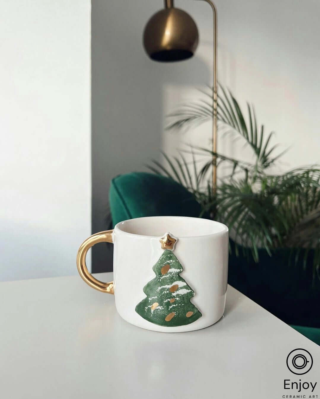 Handcrafted Christmas Tree Ceramic Coffee Mug - 10oz with Luxurious Gold Handle