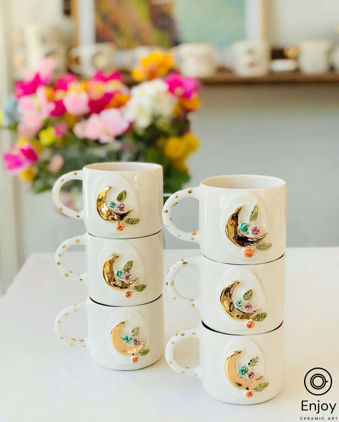 Handmade Gold Crescent Moon With Flowers Mug 10 oz, Crescent Gifts for Women, Gold Crescent Moon Mug, Moon Gift Ideas, Mothers Day Gift