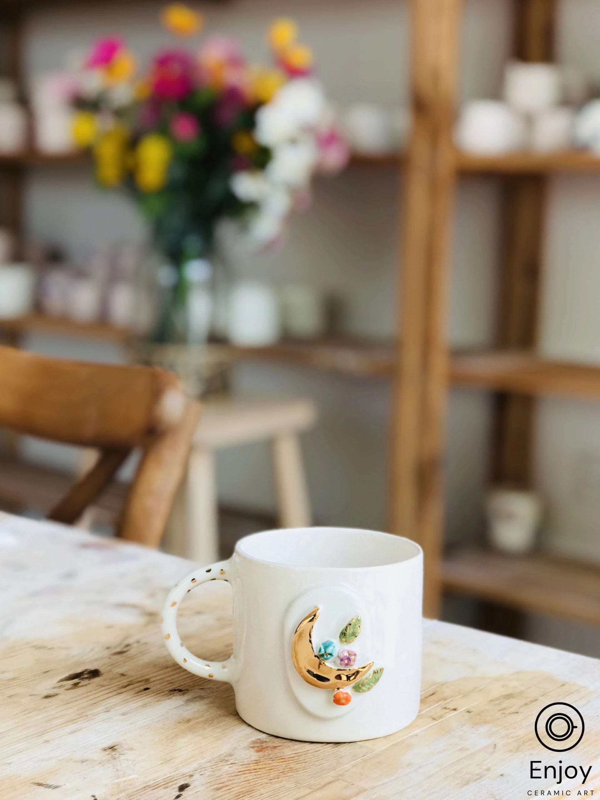 Flowers Moon Mug - Handmade Ceramic Mug with Gold Crescent, 10oz ...