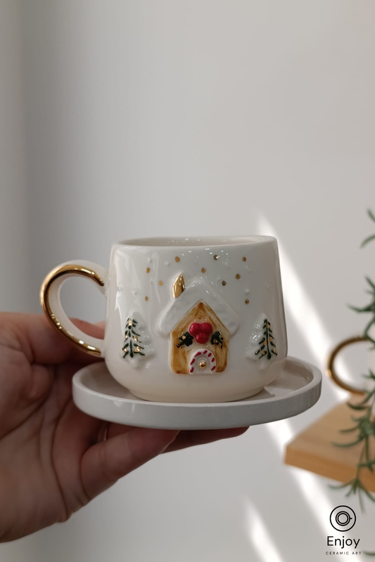 Handmade Gingerbread House Espresso Cup with Saucer – 5.4oz