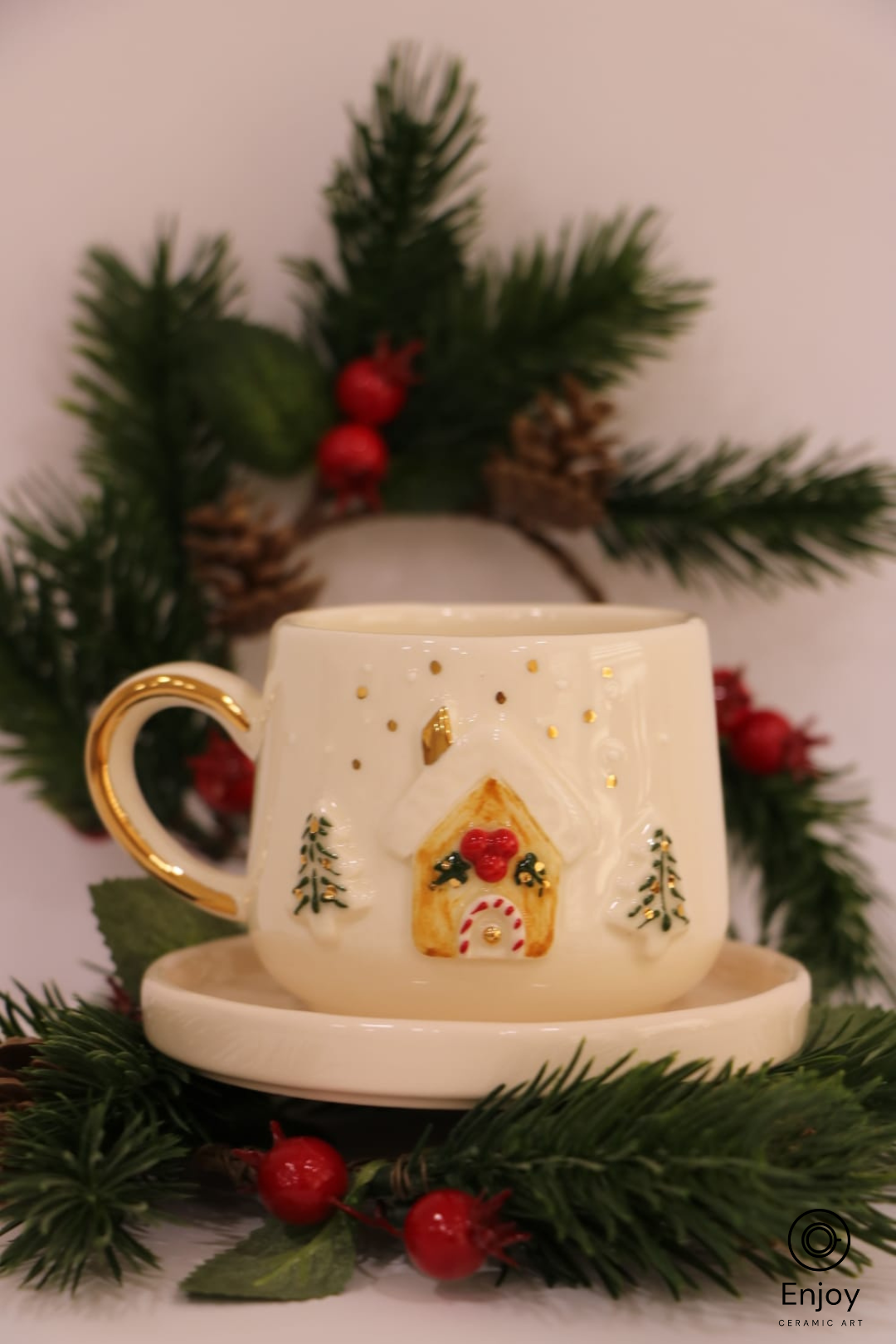 Handmade Gingerbread House Espresso Cup with Saucer – 5.4oz