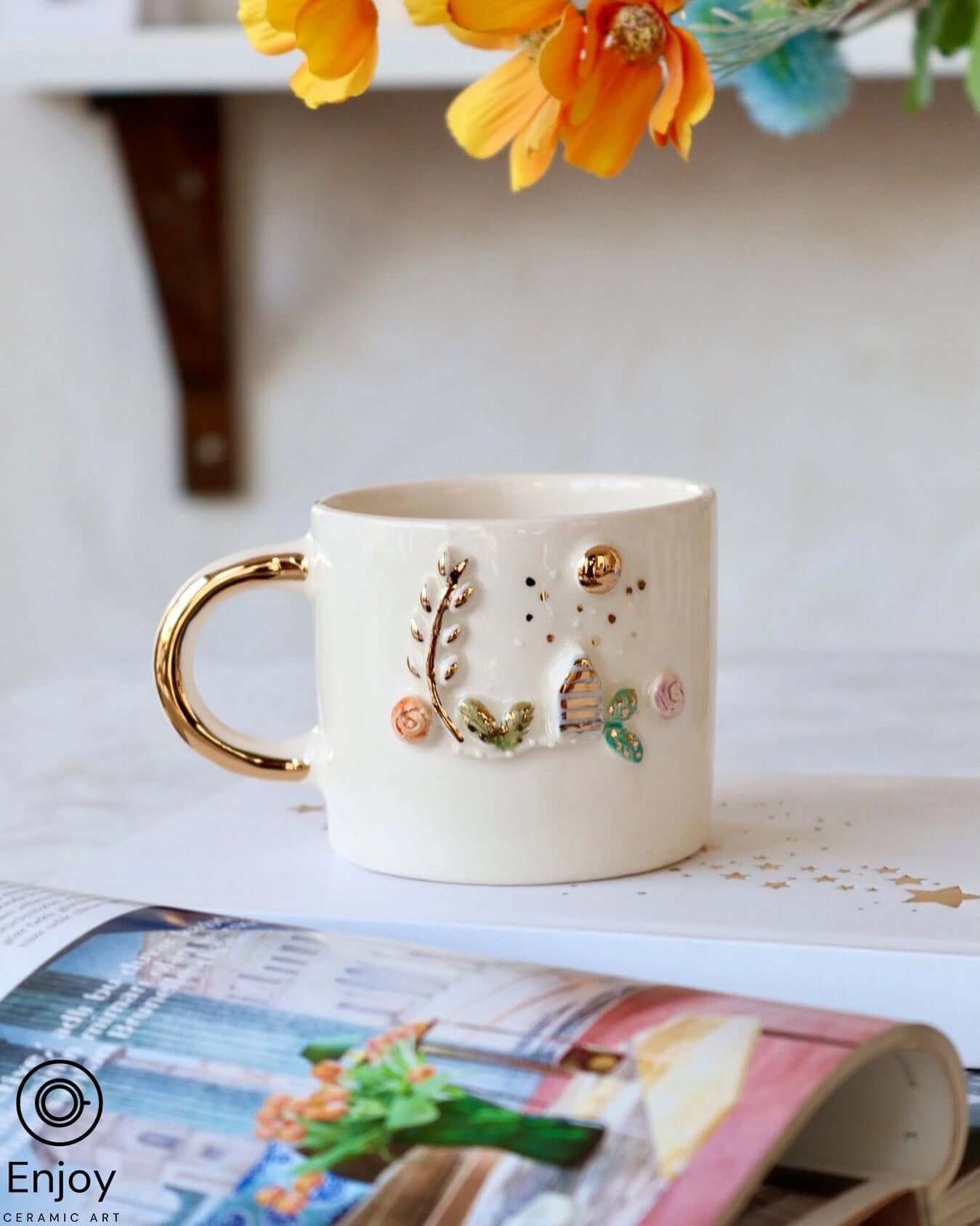 Handmade Floral Mug 10 oz- Handmade Gift - Cute Floral Mug - Floral Birthday Gift Idea - Floral Coffee Cup - Happy Forest Mug - Bridesmaid Gifts