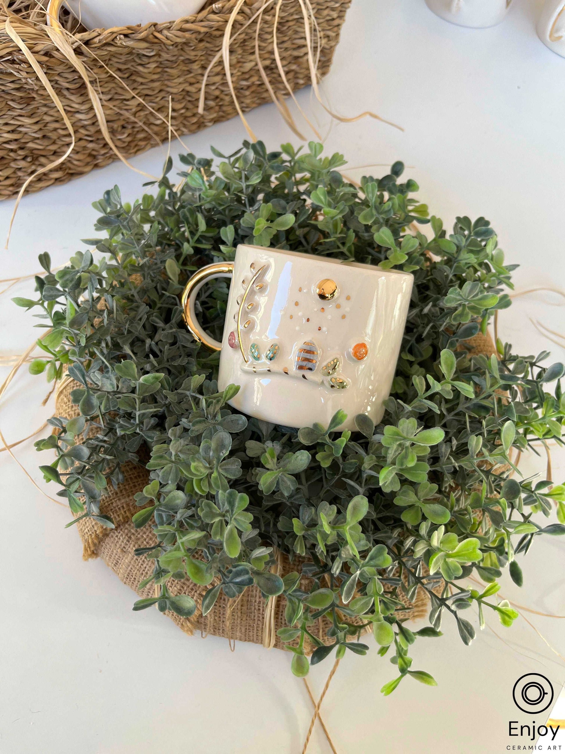 Handmade Floral Mug 10 oz- Handmade Gift - Cute Floral Mug - Floral Birthday Gift Idea - Floral Coffee Cup - Happy Forest Mug - Bridesmaid Gifts